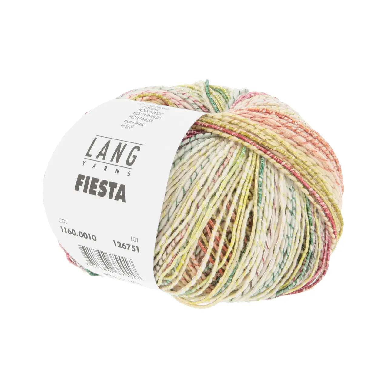 Fiesta 10 Dunkelgrün/Orange/Gelb/Rosa von Lang Yarns. FIESTA ist ein lebhaftes und verspieltes Garn mit einem weißen Baumwollkern der mehr oder weniger dicht mit einem mehrfarbigen Nylonfaden umwickelt ist. Je nach Farbe und Dichte der Umwicklung hat das Garn ein unterschiedliches Erscheinungsbild. Dieses Garn zeichnet sich durch seinen dynamischen und bunten Charakter aus und ist perfekt für sommerliche Projekte. Egal ob für auffällige Einzelstücke oder fröhliche Accessoires FIESTA bringt