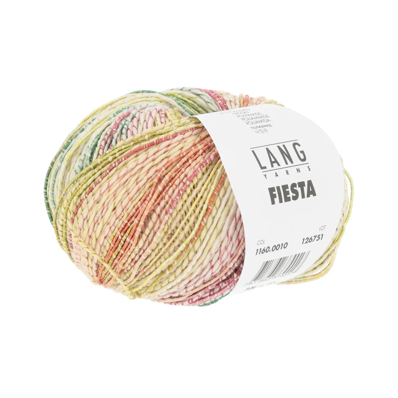 Fiesta 10 Dunkelgrün/Orange/Gelb/Rosa von Lang Yarns. FIESTA ist ein lebhaftes und verspieltes Garn mit einem weißen Baumwollkern der mehr oder weniger dicht mit einem mehrfarbigen Nylonfaden umwickelt ist. Je nach Farbe und Dichte der Umwicklung hat das Garn ein unterschiedliches Erscheinungsbild. Dieses Garn zeichnet sich durch seinen dynamischen und bunten Charakter aus und ist perfekt für sommerliche Projekte. Egal ob für auffällige Einzelstücke oder fröhliche Accessoires FIESTA bringt