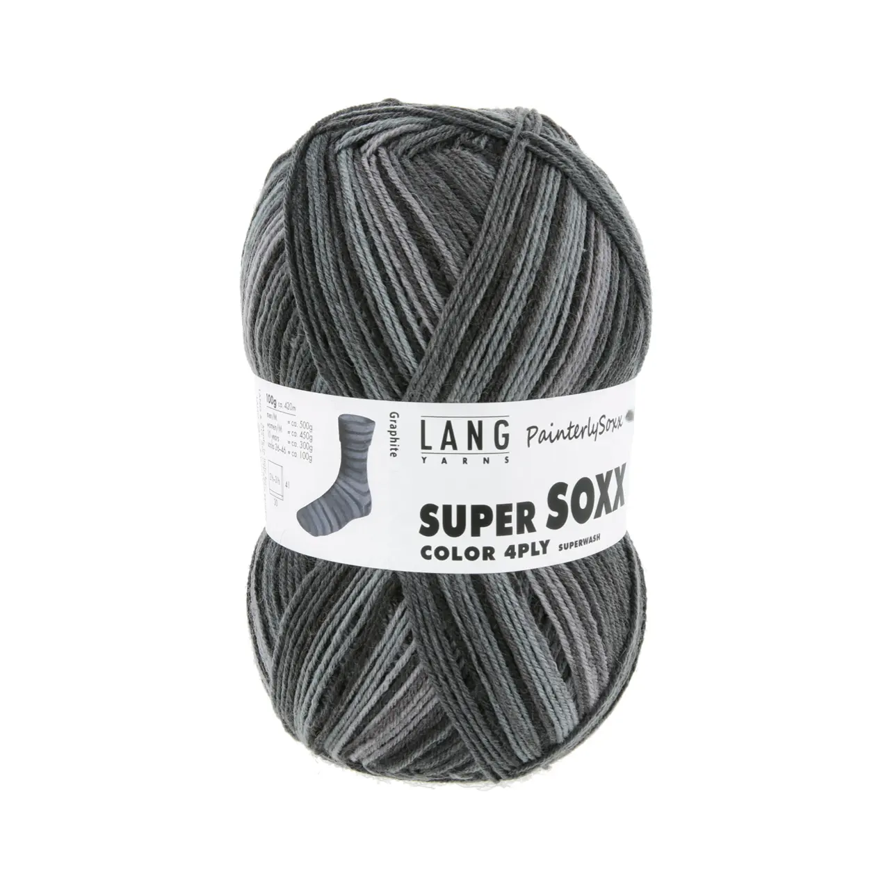 Super Soxx Color 4-Fach 552 Grau/Schwarz 1150 Graphite von Lang Yarns.