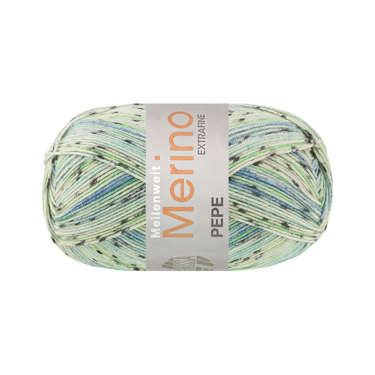 Meilenweit 100 Merino Extrafine Pepe 4142 Helltürkis/Türkis/Grau/Weiß/Frühlingsgrün/Blau von Lana Grossa. Hochwertiges Sockengarn aus extrafeiner Merino-Wolle waschmaschinenfest