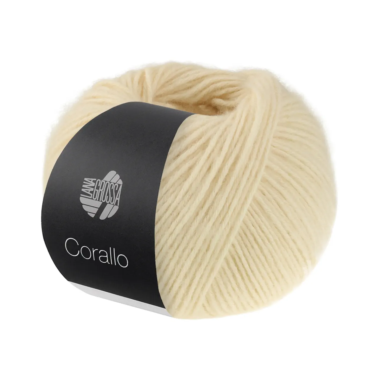 Corallo Uni 110 Rohweiß von Lana Grossa. Ein modernes Effektgarn bei dem ein stabiles und zugleich weiches Baumwollnetz mit feinen Merinofasern gefüllt ist. Besonders geeignet für Pullover Cardigans Tücher und leichte Accessoires.
