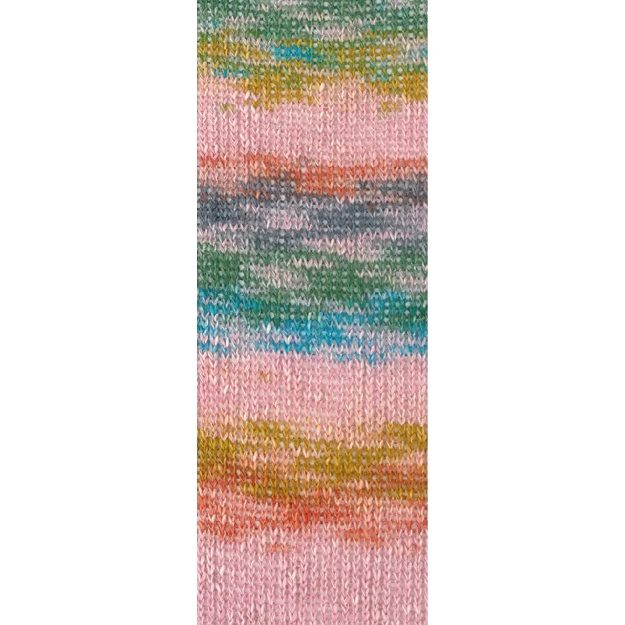 Gomitolo California 3041 Rosa/Senf/Türkis/Dunkelgrün/Graublau/Rost von Lana Grossa. Strukturiertes Baumwoll-Leinengarn mit Hanffasern und farbenfrohen Effektstreifen-Druck direkt aus d