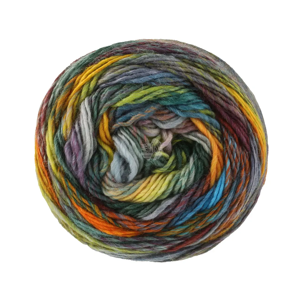 Colorissimo 223 Burgund/Grau/Gelb/Orange/Oliv/Dunkel-/Hellgrün/Weinrot/Petrolblau/Jeans von Lana Grossa. Dochtgarn aus 100% Merinowolle mit effektvollen Farbmustern