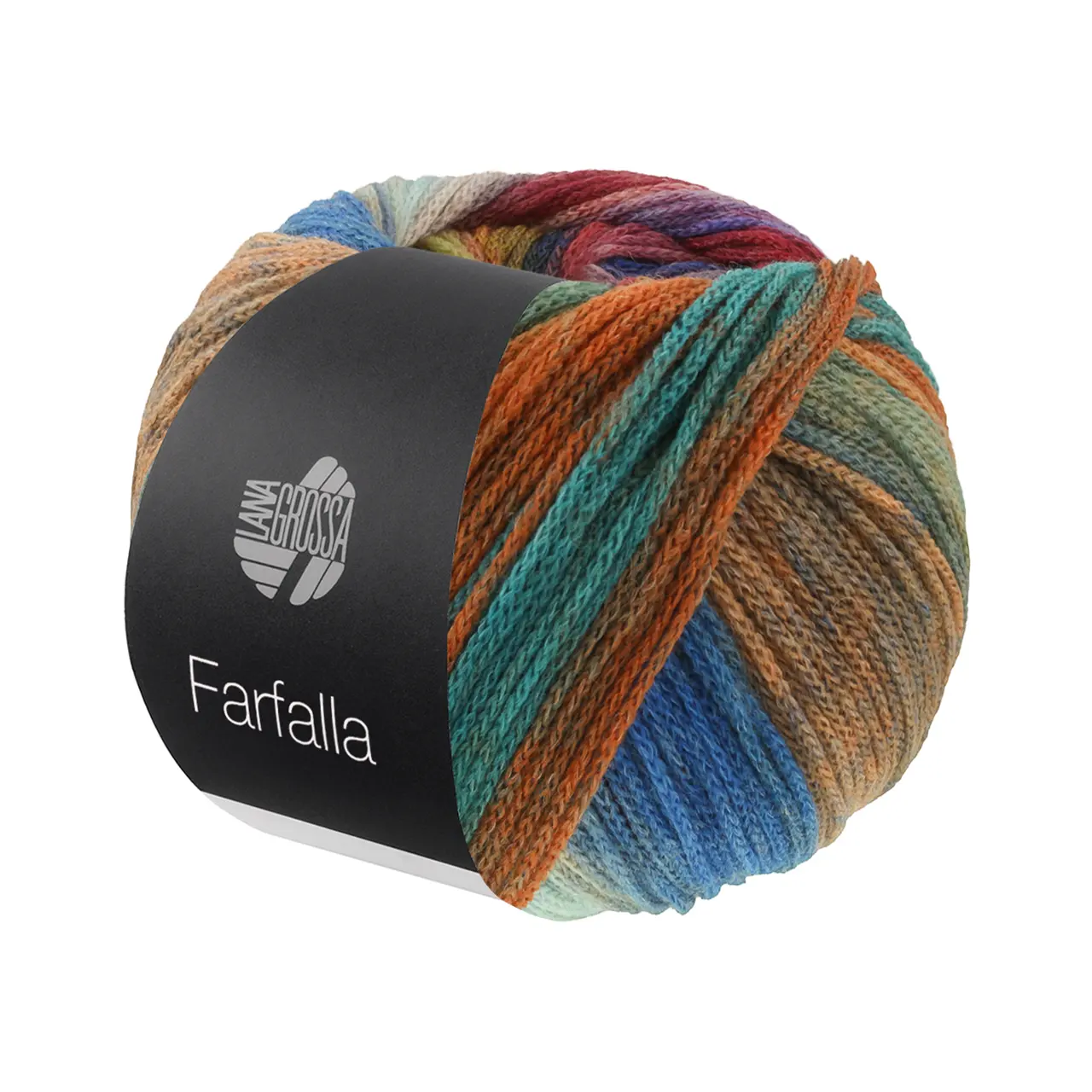 Farfalla 13 Dunkelblau/-Grau/Burgund/Camel/Mint/Orange/Oliv/Türkis/Blau/Braun/Petrolgrün von Lana Grossa. Leichtes Kettengarn aus weicher Merinowolle mit effektvollem Streifenmuster