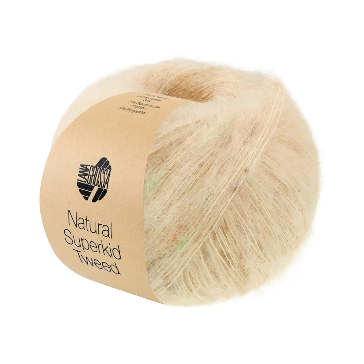 Natural Superkid Tweed 639 Beige von Lana Grossa. Feines Lace-Garn aus Superkid Mohair mit Seide und zarten Tweednoppen