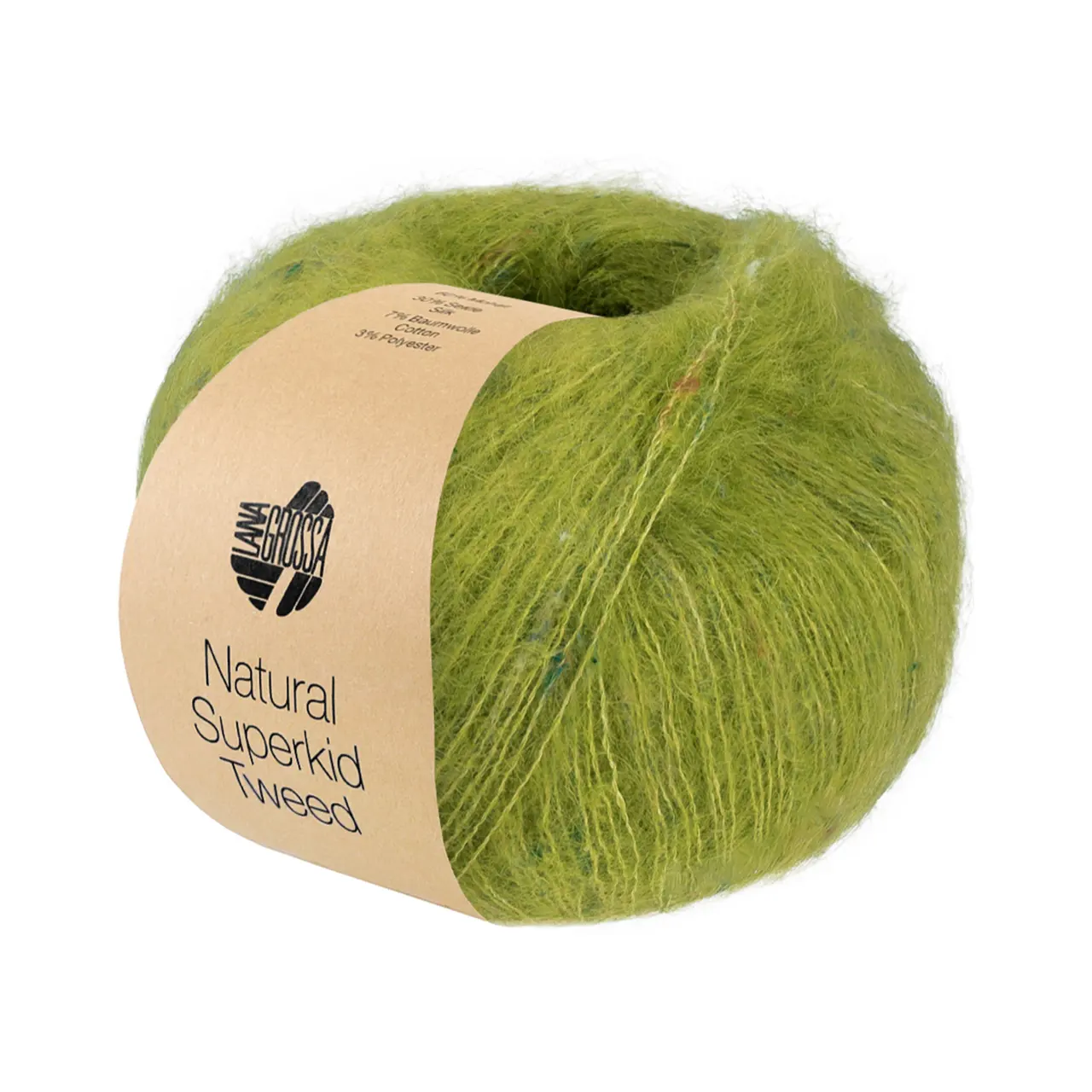 Natural Superkid Tweed 645 Kiwigrün von Lana Grossa. Feines Lace-Garn aus Superkid Mohair mit Seide und zarten Tweednoppen