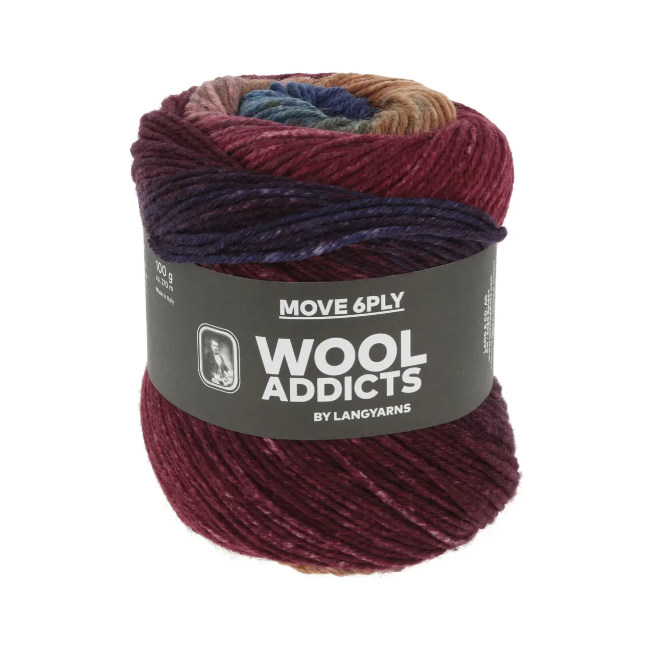 Move 6-Fach 1 Wine/Cognac/Blue von Lang Yarns. MOVE is not just a sock yarn it's a vibrant celebration of hues that invites you to break free from the subdued palette of neutrals. With MOVE your knitting and crocheting projects are transformed into a kaleidoscope of colors infusing energy and excitement into every stitch. A colorful sturdy but soft 6-ply yarn for way more than just socks.