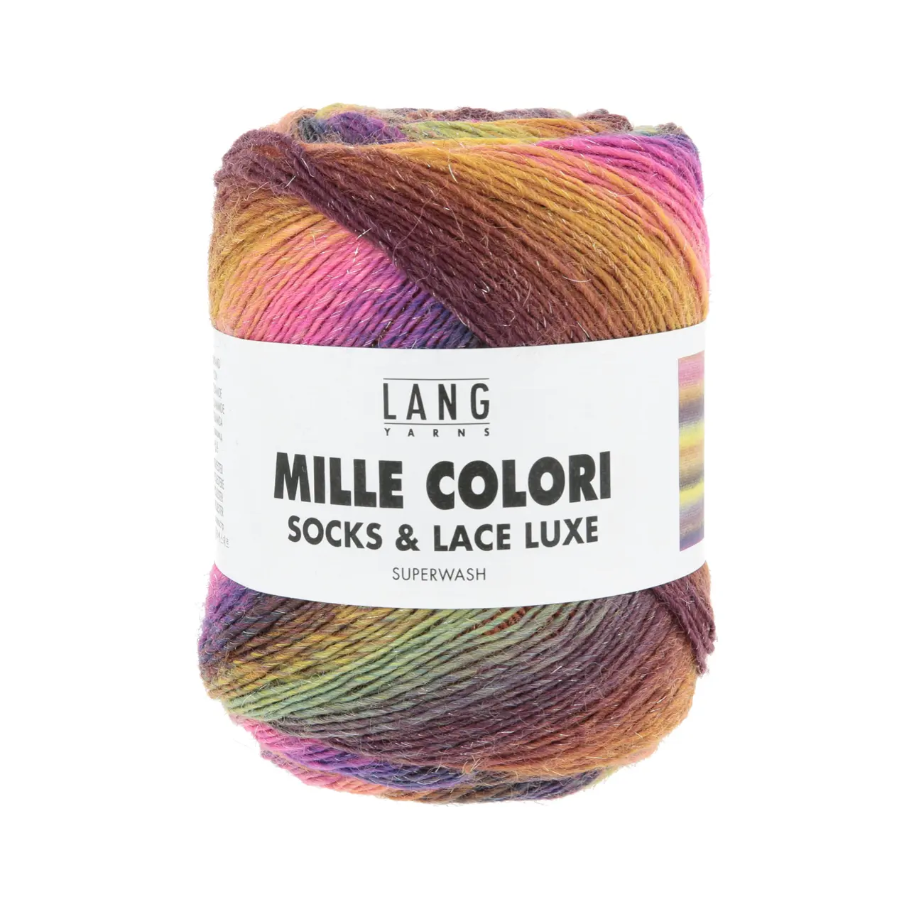 Mille Colori Socks & Lace Luxe 220 Hot Pink/Goldgelb/Braun von Lang Yarns. Das Garn wird seinem Namen gerecht – Tausend Farben vereinen sich hier welche jeden Knäuel zu einem Unikat machen. Versponnen mit modischen Metallic-Fasern erhält das Garn einen Hauch Glamour. Aufgrund der einzigartigen Farbigkeit ist es hervorragend geeignet für jegliche Accessoires insbesondere zum Häkeln und Stricken von Tüchern. Die Zusammensetzung und die Lauflänge machen Mille Colori Socks & Lace zu einem klassischen Sockengarn.