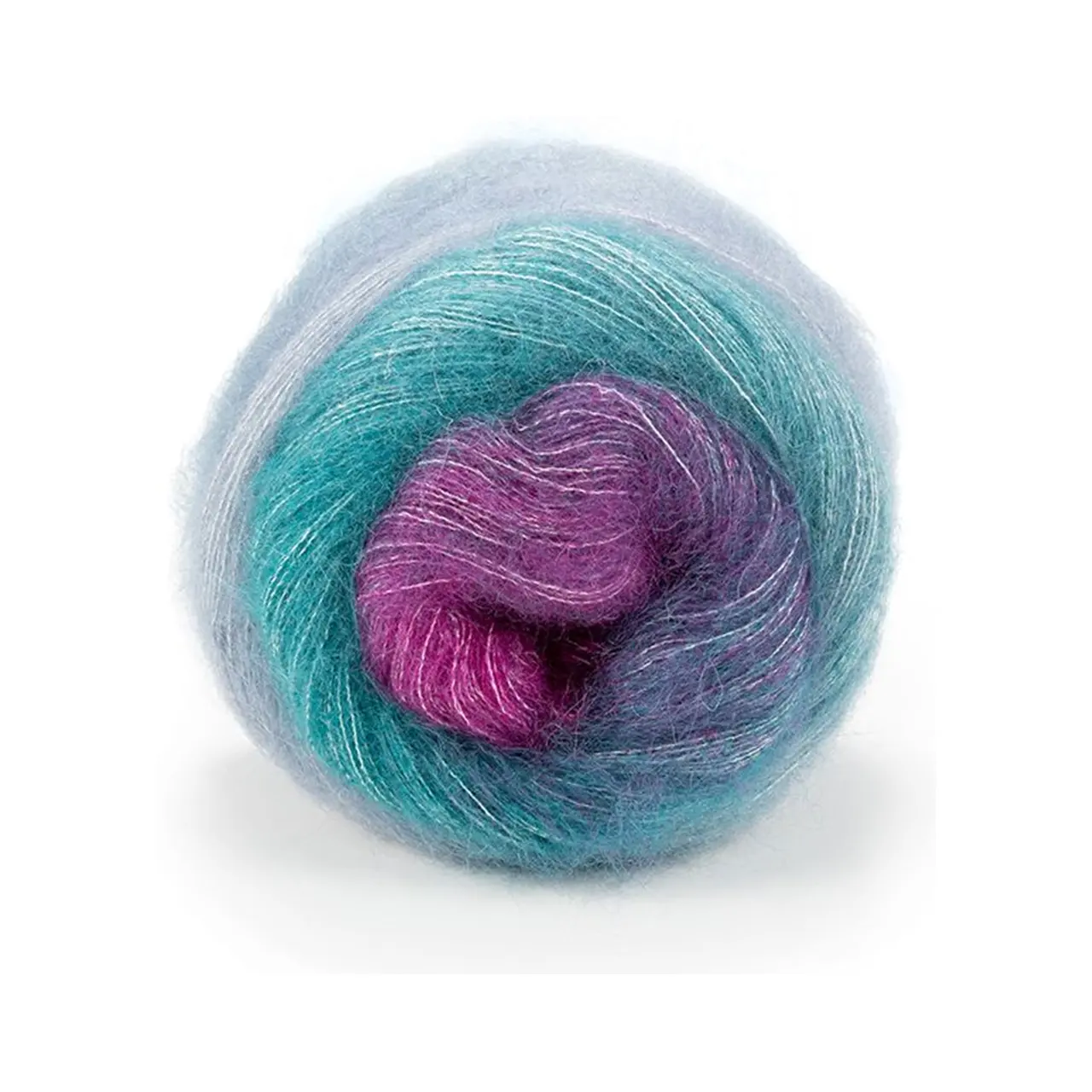 Poema Mohair 7 Magenta/Türkis/Jeansblau von Laines Du Nord. Ein einzigartiges Garn aus Kid Mohair und Seide mit zartem Farbverlauf und innovativen Farbtönen.