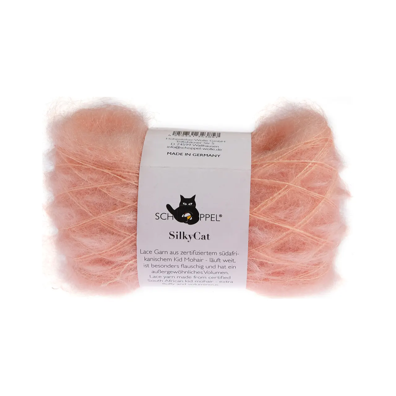 SilkyCat 1170 Apricot von Schoppel. SilkyCat verbindet Seide und Mohair. Es ist ein luxuriöses federleichtes Garn das sich ideal für feine Strickprojekte und als Beilaufgarn eignet.