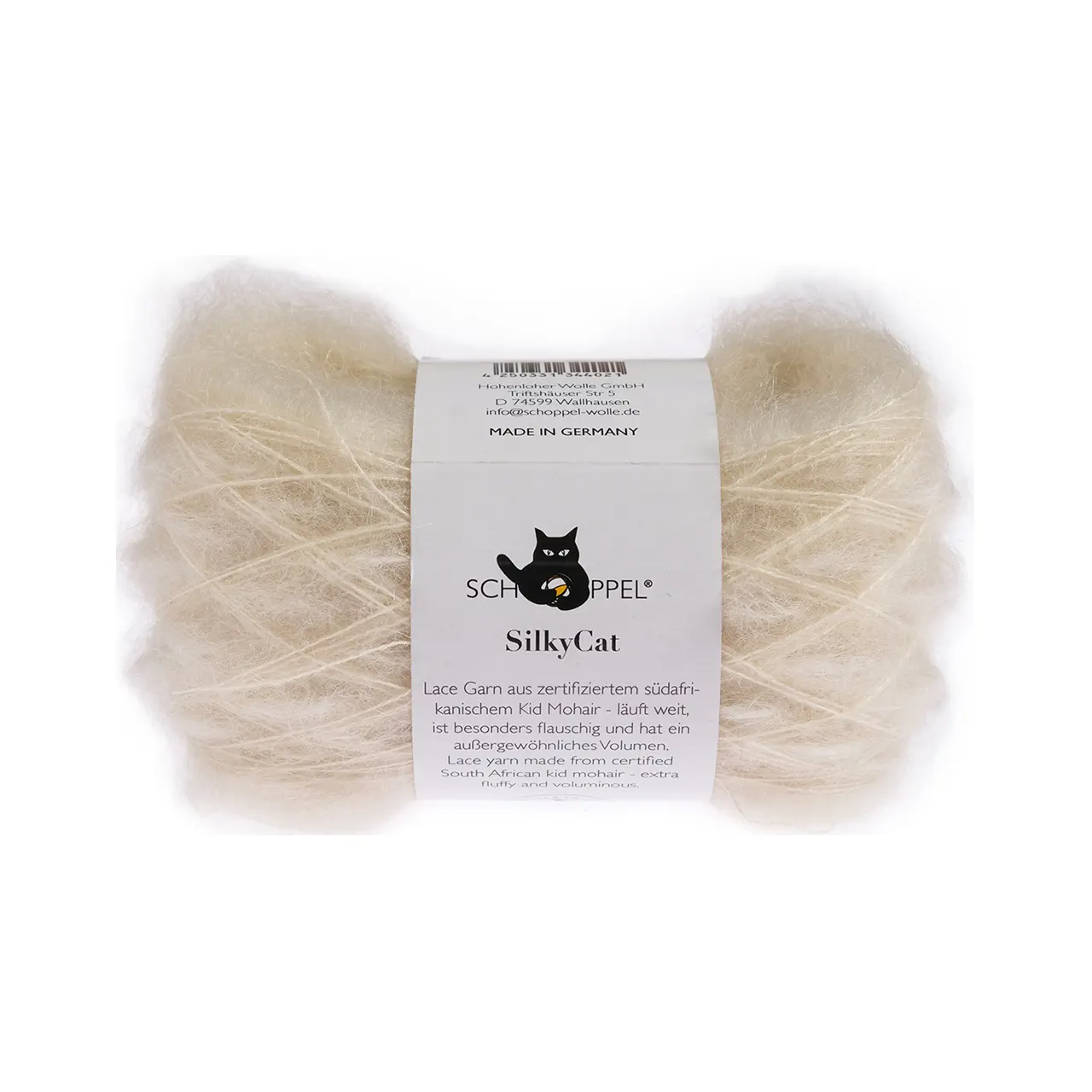 SilkyCat 980 Natur von Schoppel. SilkyCat verbindet Seide und Mohair. Es ist ein luxuriöses federleichtes Garn das sich ideal für feine Strickprojekte und als Beilaufgarn eignet.