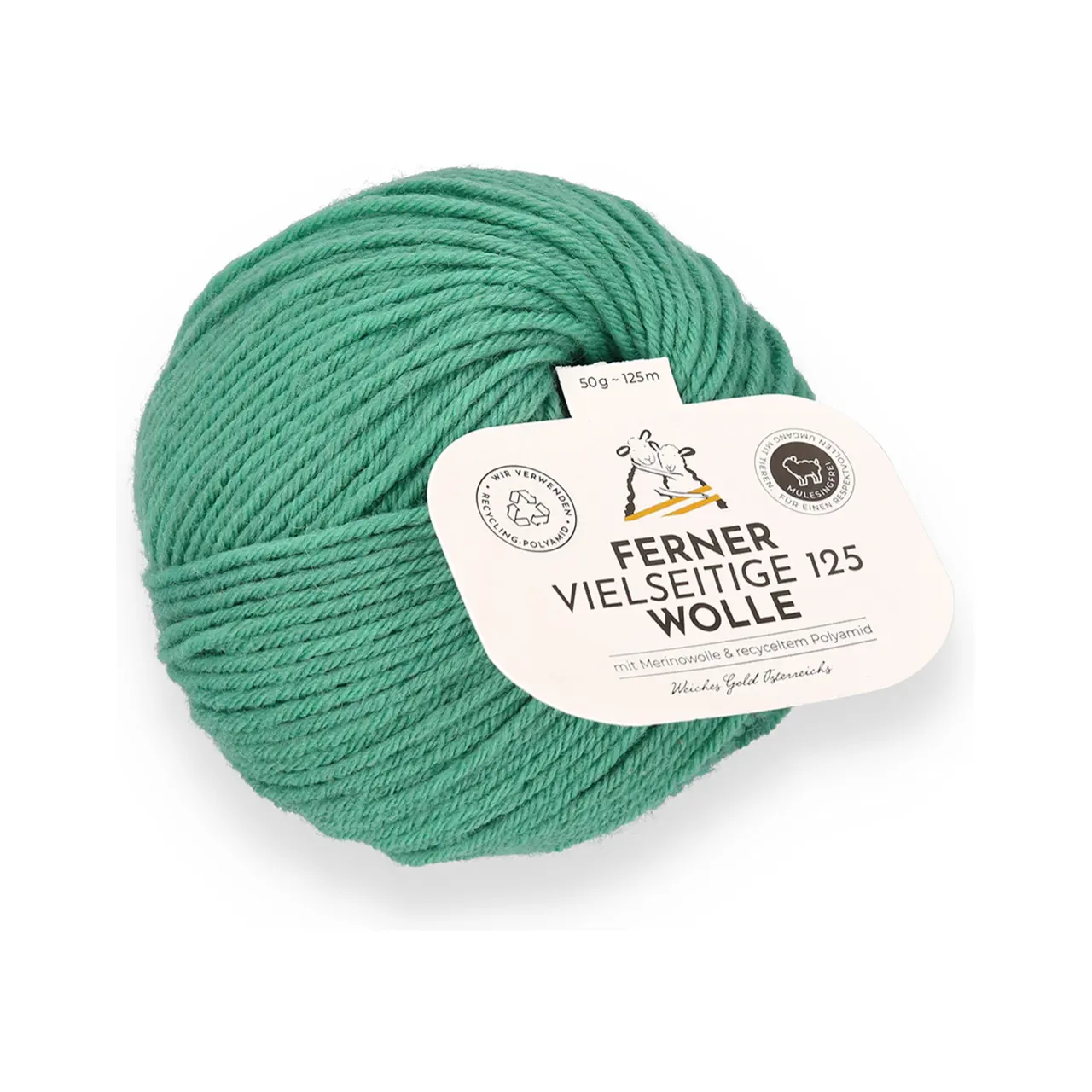Vielseitige 125 L44 Frosty Spruce (Seegrün) von Ferner Wolle. Weich und anschmiegsam durch feinste Merinowolle und extrem strapazierfähig durch einen geringen Anteil an Polyamid.