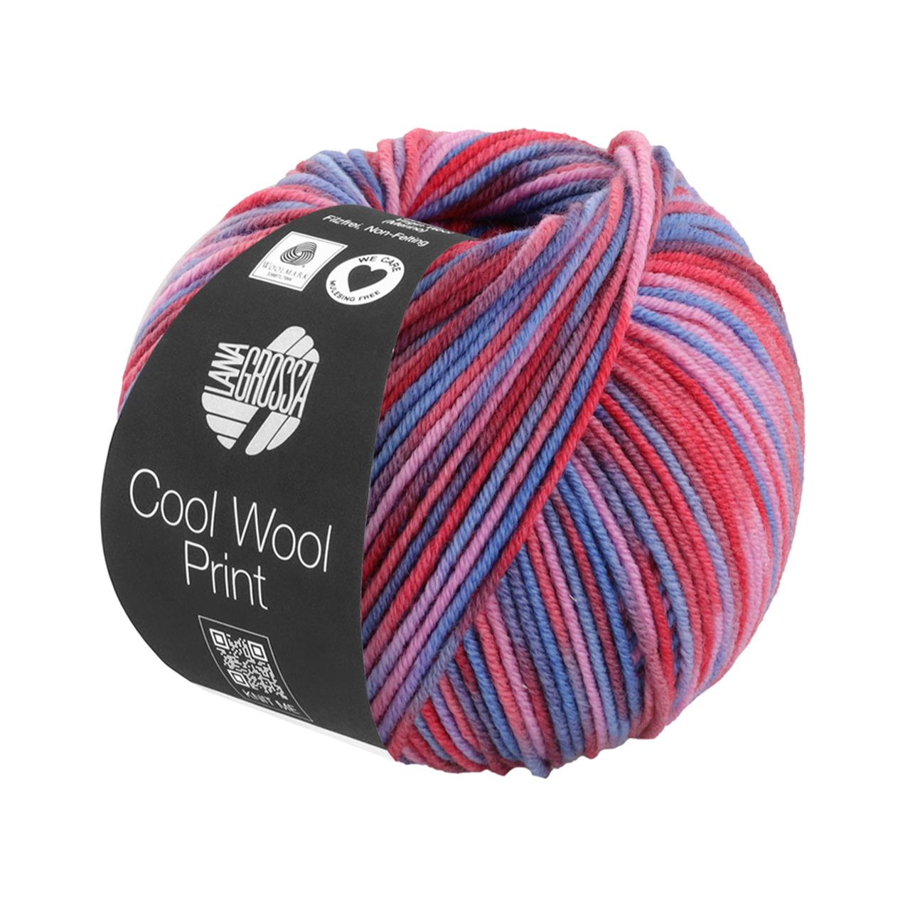 Cool Wool Print 836 Tomate/Fliederrosa/Tauben-/Veilchenblau/Wein-/Dunkelrot