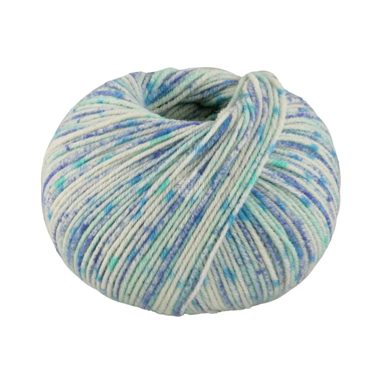 Cool Wool Spots 5005 Creme/Blau/Wasser-/Cyanblau von Lana Grossa. Extrafeine Merinowolle waschmaschinenfest mit buntem Sprenkeldruck