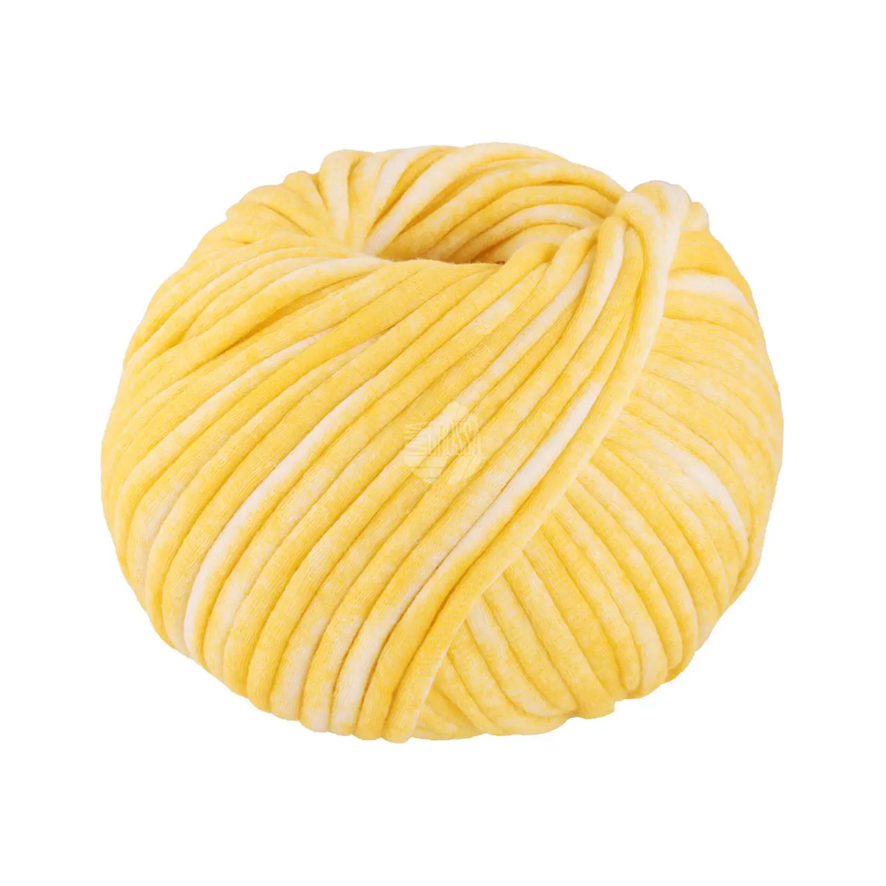 Gelato Vintage 101 Gelb/Weiß von Lana Grossa. Weiches gefülltes Baumwoll-Schlauchbändchen mit buntem Sprenkeldruck