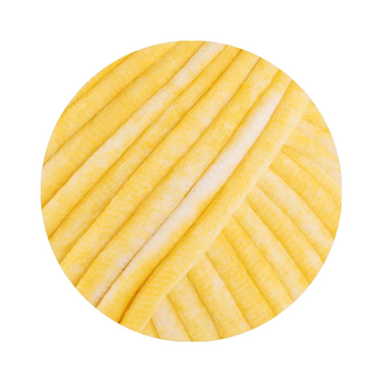Gelato Vintage 101 Gelb/Weiß von Lana Grossa. Weiches gefülltes Baumwoll-Schlauchbändchen mit buntem Sprenkeldruck