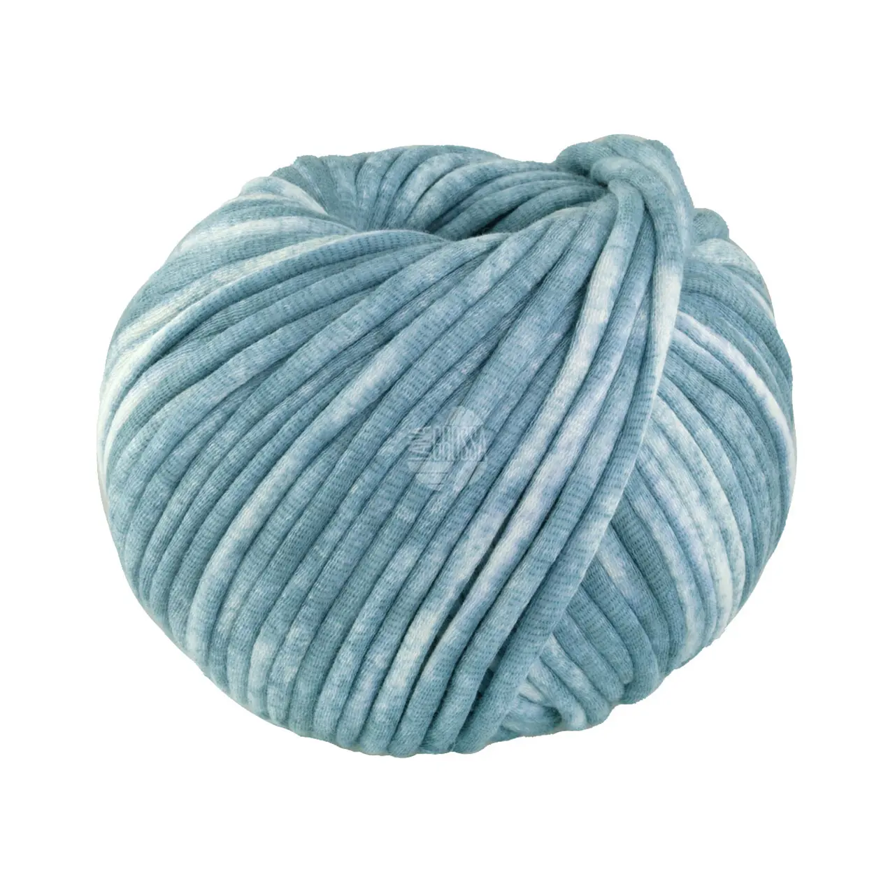 Gelato Vintage 106 Türkis/Weiß von Lana Grossa. Weiches gefülltes Baumwoll-Schlauchbändchen mit buntem Sprenkeldruck