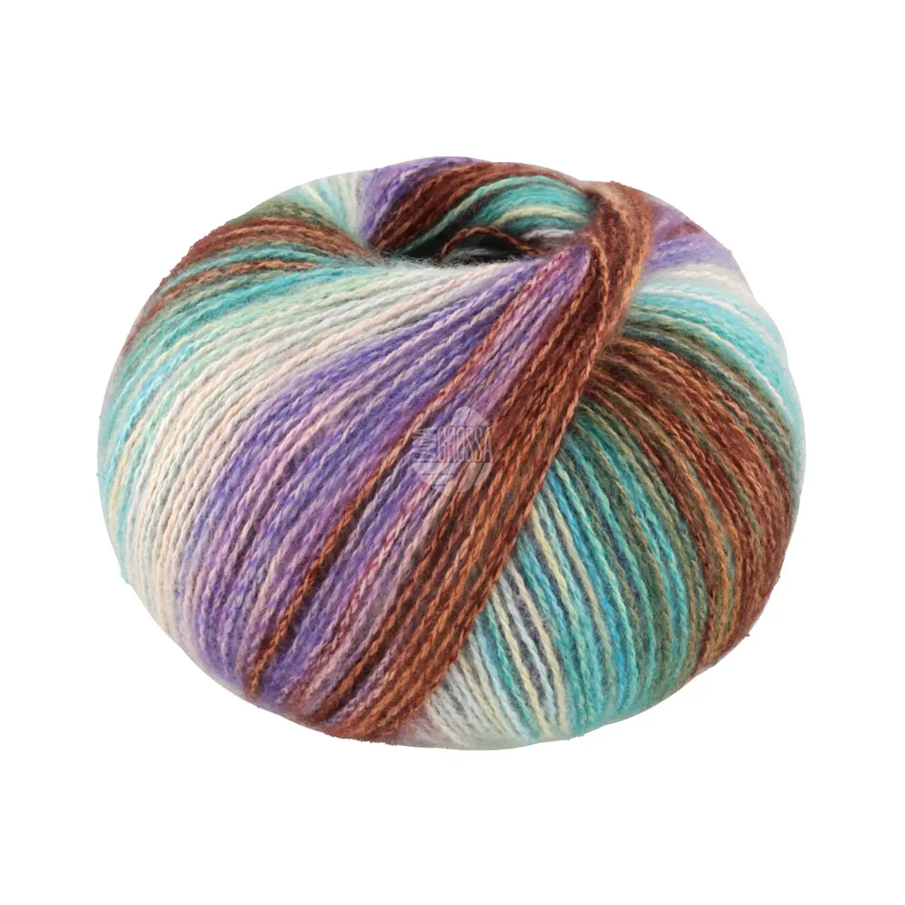 Gianna 1 Türkis/Braun/Violett/Rosa/Mint/Rohweiß von Lana Grossa. Feines Baumwollgarn mit weichen Merino- und Kaschmirfasern effektvoll bedruckt