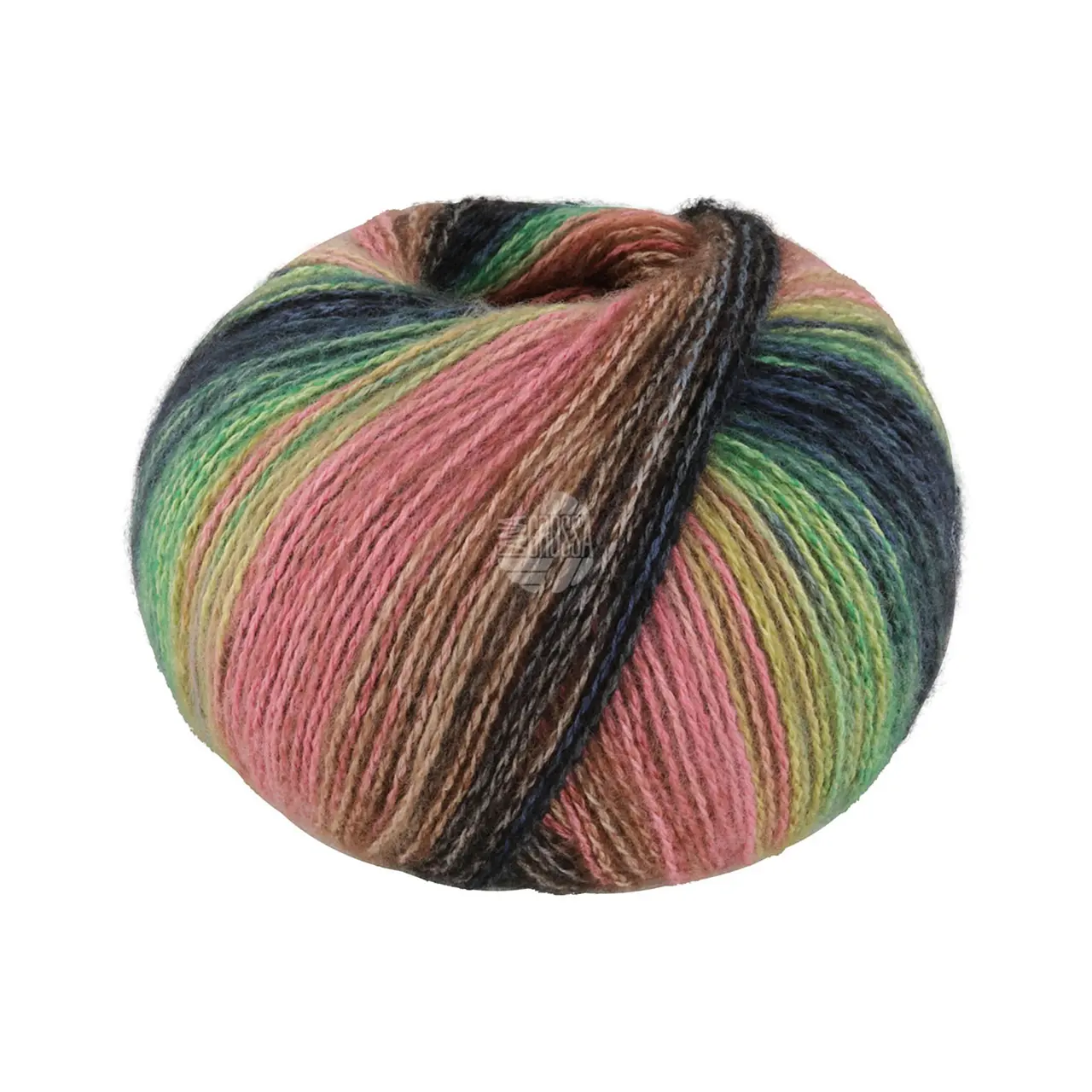 Gianna 9 Erika/Schwarz/Grüngelb/Hell-/Dunkelgrün/Braun von Lana Grossa. Feines Baumwollgarn mit weichen Merino- und Kaschmirfasern effektvoll bedruckt