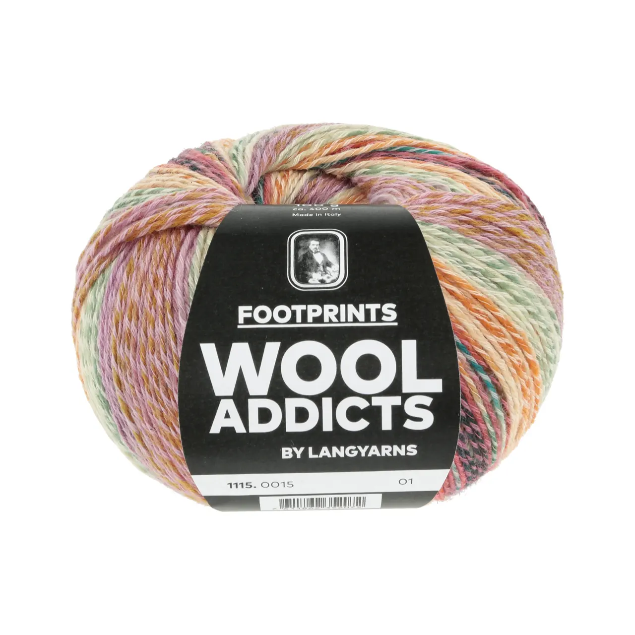 Footprints 15 Orange/Lilac/Green von Lang Yarns. FOOTPRINTS is a phenomenal fantasy sock yarn. With a length of 400 metres you can create the most beautiful socks. The quality consists of 45% cotton 42% virgin wool superwash and 13% polyamide. This means that the socks are breathable easy to wash and extra strong.
