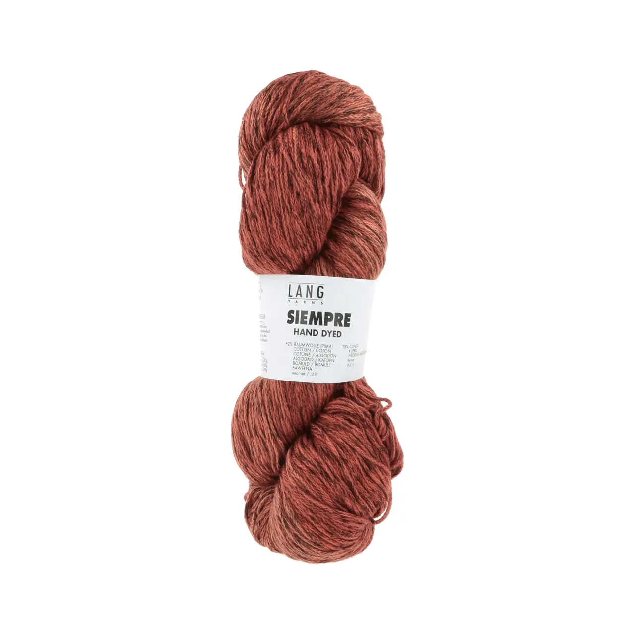 Siempre 59 Orange von Lang Yarns. Mit leichten Farbschattierungen und dezenten Glanz eignet sich SIEMPRE perfekt um einem Basic-Teil oder einer Fläche rechter Maschen das gewisse etwas zu verleihen. Machen Sie sich das Leben einfach und lassen Sie das Garn für sich arbeiten.Eine Mischung aus klassischer Baumwolle und Cupro einer Viskose welche aus Baumwoll-Linter einem Abfallprodukt der Baumwollindustrie hergestellt wird überzeugt SIEMPRE mit weichem Griff und einer Ton-in-Ton Handfärbung. Gerne auch als vegane Seide bezeichnet verleiht Cupro dem Garn zudem einen schimmernden kühlenden Touch und ergibt verarbeitet fliessende und knitterarme Stücke.
