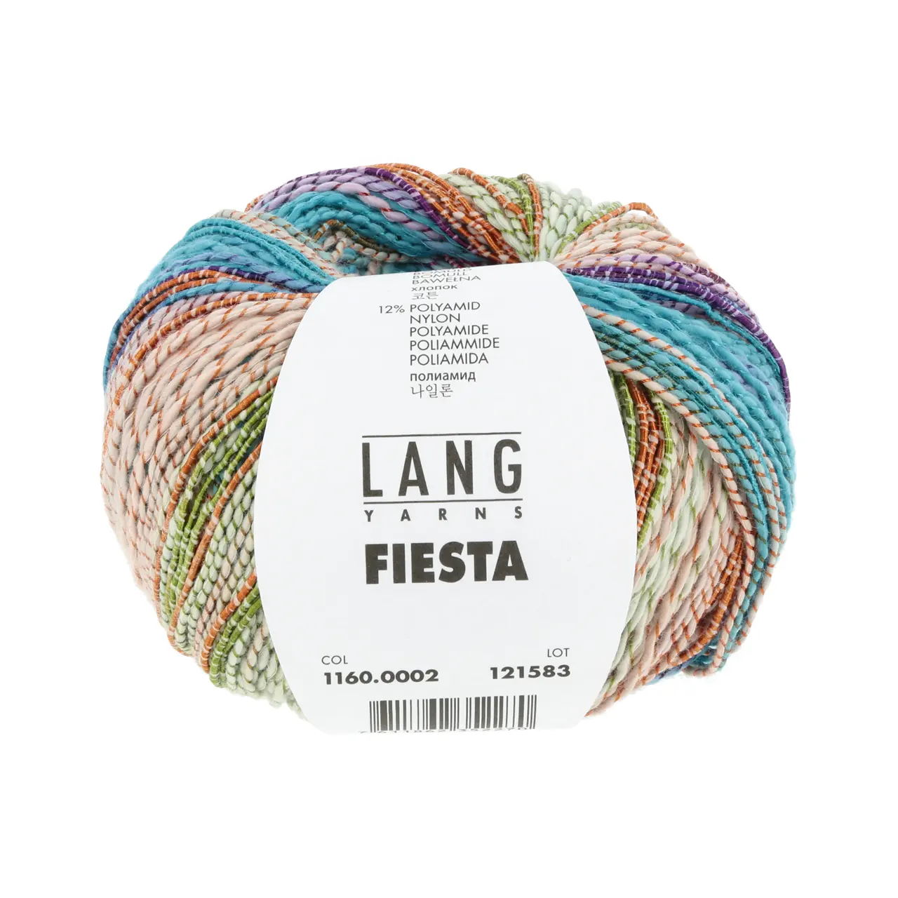 Fiesta 2 Hellblau/Pink/Grün/Orange von Lang Yarns. FIESTA ist ein lebhaftes und verspieltes Garn mit einem weißen Baumwollkern der mehr oder weniger dicht mit einem mehrfarbigen Nylonfaden umwickelt ist. Je nach Farbe und Dichte der Umwicklung hat das Garn ein unterschiedliches Erscheinungsbild. Dieses Garn zeichnet sich durch seinen dynamischen und bunten Charakter aus und ist perfekt für sommerliche Projekte. Egal ob für auffällige Einzelstücke oder fröhliche Accessoires FIESTA bringt Kreativität und Freude auf Ihre Nadeln.