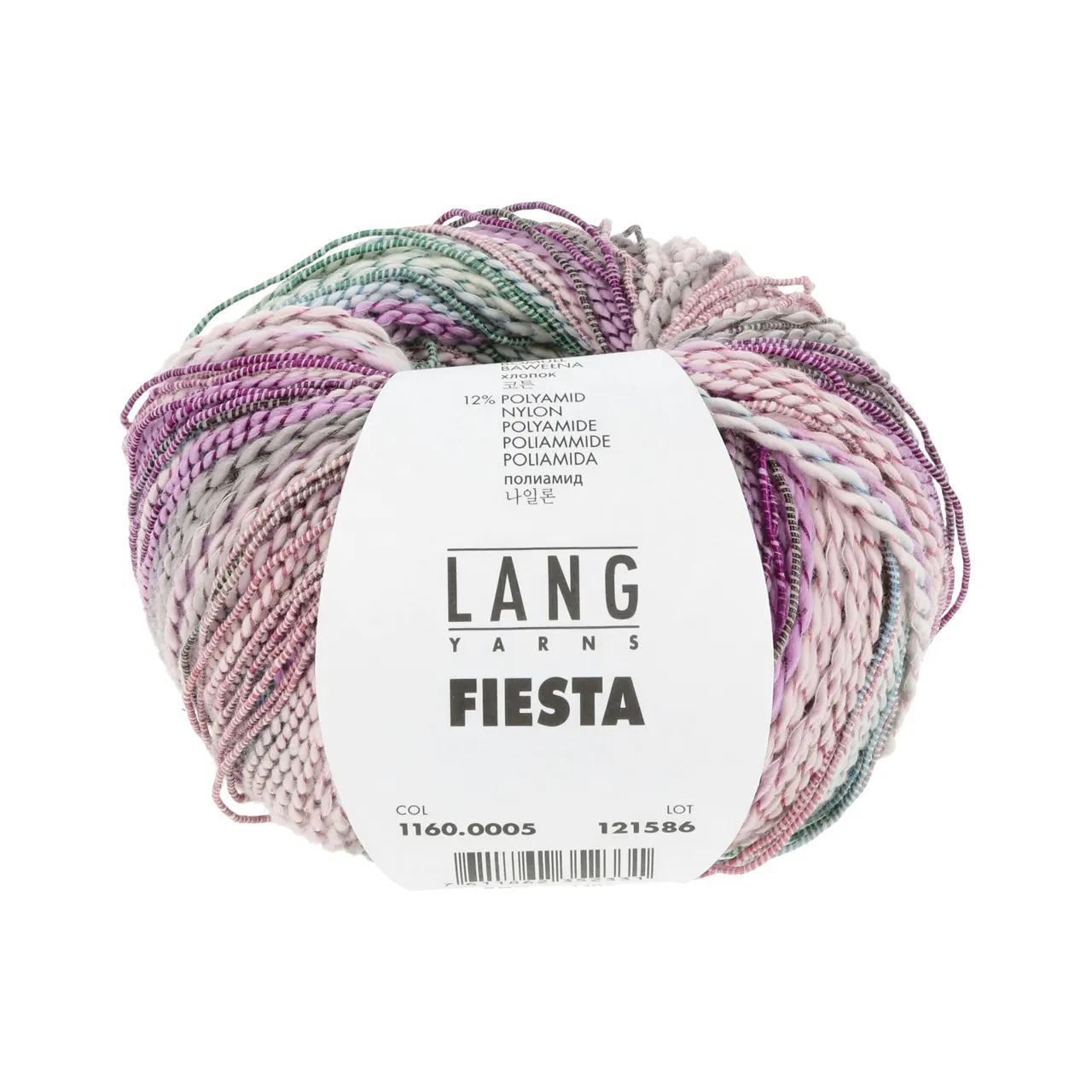 Fiesta 5 Violett/Rosa/Grau/Grün von Lang Yarns. FIESTA ist ein lebhaftes und verspieltes Garn mit einem weißen Baumwollkern der mehr oder weniger dicht mit einem mehrfarbigen Nylonfaden umwickelt ist. Je nach Farbe und Dichte der Umwicklung hat das Garn ein unterschiedliches Erscheinungsbild. Dieses Garn zeichnet sich durch seinen dynamischen und bunten Charakter aus und ist perfekt für sommerliche Projekte. Egal ob für auffällige Einzelstücke oder fröhliche Accessoires FIESTA bringt Kreativität und Freude auf Ihre Nadeln.
