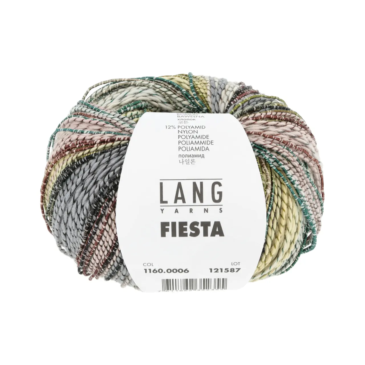 Fiesta 6 Gelb/Kupfer/Grau/Aqua von Lang Yarns. FIESTA ist ein lebhaftes und verspieltes Garn mit einem weißen Baumwollkern der mehr oder weniger dicht mit einem mehrfarbigen Nylonfaden umwickelt ist. Je nach Farbe und Dichte der Umwicklung hat das Garn ein unterschiedliches Erscheinungsbild. Dieses Garn zeichnet sich durch seinen dynamischen und bunten Charakter aus und ist perfekt für sommerliche Projekte. Egal ob für auffällige Einzelstücke oder fröhliche Accessoires FIESTA bringt Kreativität und Freude auf Ihre Nadeln.