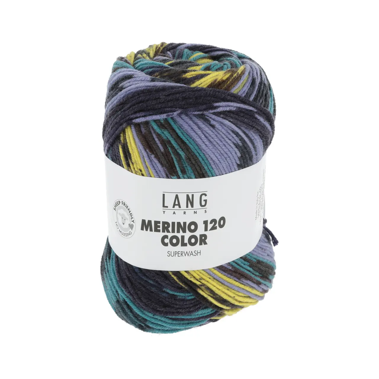 Merino 120 Color 1 Violett/Gelb/Braun/Aqua von Lang Yarns. Dieses Merinogarn mit selbstmusterndem Print verleiht Ihren Projekten den Effekt von mehrfarbigen Strickarbeiten ganz ohne komplizierte Techniken. Es ist das gleiche weiche hochwertige Garn wie unser MERINO 120 jedoch so eingefärbt dass es komplexe Muster erzeugt selbst bei einfachem glatt rechts Stricken.Das perfekte Garn für Baby- und Kinderkleidung da es superwash behandelt und somit maschinenwaschbar ist. Auch für Erwachsene und gemütliche Heimtextilien ist MERINO 120 COLOR eine ausgezeichnete Wahl. Dank seiner Weichheit Strapazierfähigkeit und beeindruckenden Musterung ist dieses Garn bei Strickern aller Niveaus ein absoluter Favorit.