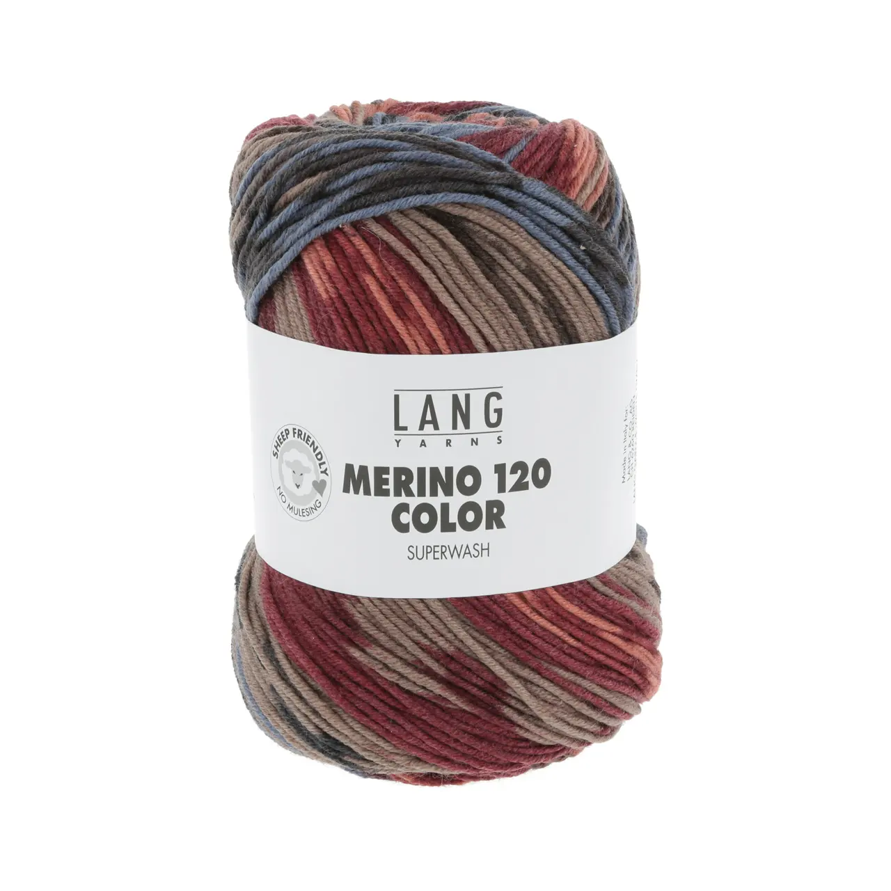 Merino 120 Color 2 Blau/Weinrot/Braun/Lachs von Lang Yarns. Dieses Merinogarn mit selbstmusterndem Print verleiht Ihren Projekten den Effekt von mehrfarbigen Strickarbeiten ganz ohne komplizierte Techniken. Es ist das gleiche weiche hochwertige Garn wie unser MERINO 120 jedoch so eingefärbt dass es komplexe Muster erzeugt selbst bei einfachem glatt rechts Stricken.Das perfekte Garn für Baby- und Kinderkleidung da es superwash behandelt und somit maschinenwaschbar ist. Auch für Erwachsene und gemütliche Heimtextilien ist MERINO 120 COLOR eine ausgezeichnete Wahl. Dank seiner Weichheit Strapazierfähigkeit und beeindruckenden Musterung ist dieses Garn bei Strickern aller Niveaus ein absoluter Favorit.