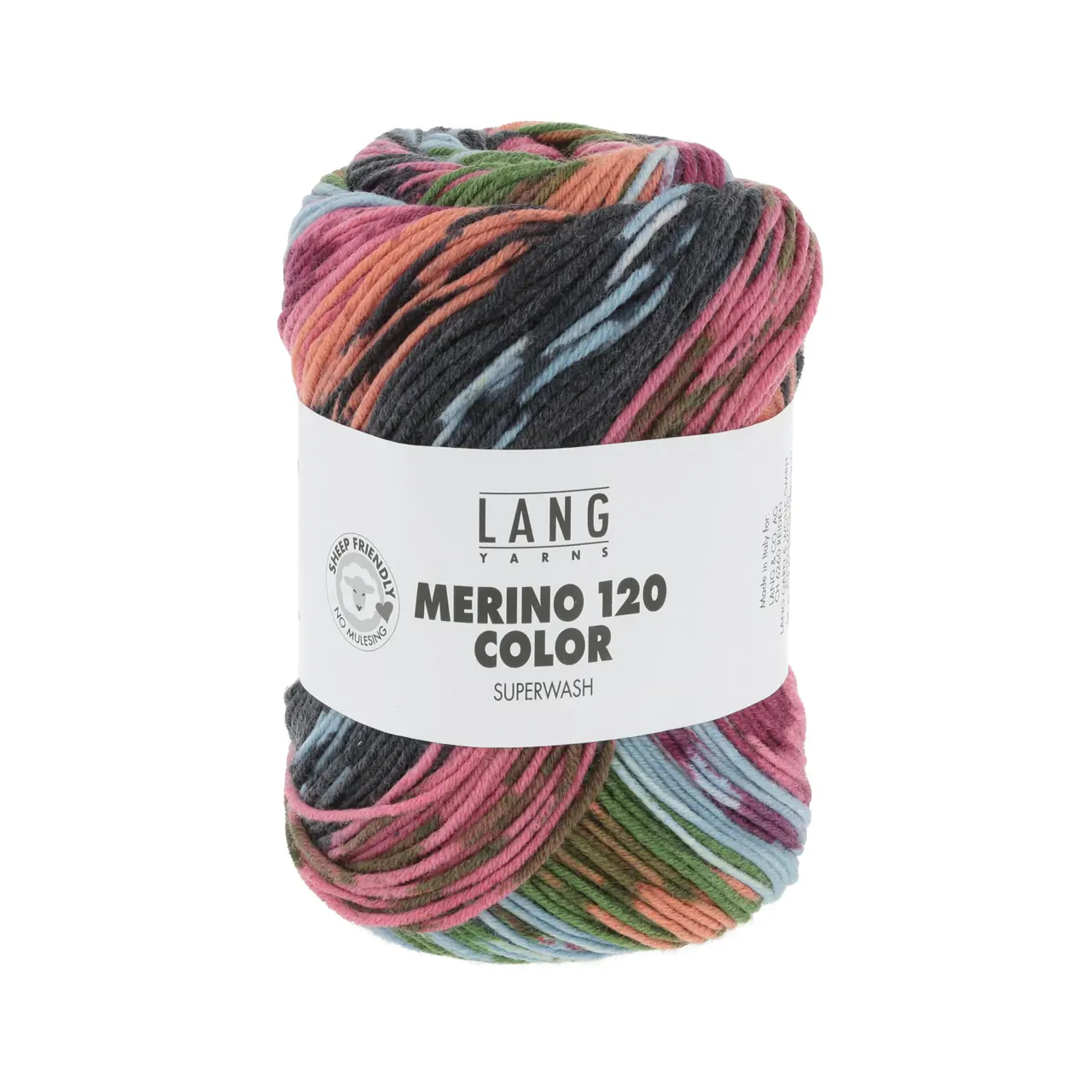 Merino 120 Color 3 Grün/Rosa/Blau/Grau von Lang Yarns. Dieses Merinogarn mit selbstmusterndem Print verleiht Ihren Projekten den Effekt von mehrfarbigen Strickarbeiten ganz ohne komplizierte Techniken. Es ist das gleiche weiche hochwertige Garn wie unser MERINO 120 jedoch so eingefärbt dass es komplexe Muster erzeugt selbst bei einfachem glatt rechts Stricken.Das perfekte Garn für Baby- und Kinderkleidung da es superwash behandelt und somit maschinenwaschbar ist. Auch für Erwachsene und gemütliche Heimtextilien ist MERINO 120 COLOR eine ausgezeichnete Wahl. Dank seiner Weichheit Strapazierfähigkeit und beeindruckenden Musterung ist dieses Garn bei Strickern aller Niveaus ein absoluter Favorit.