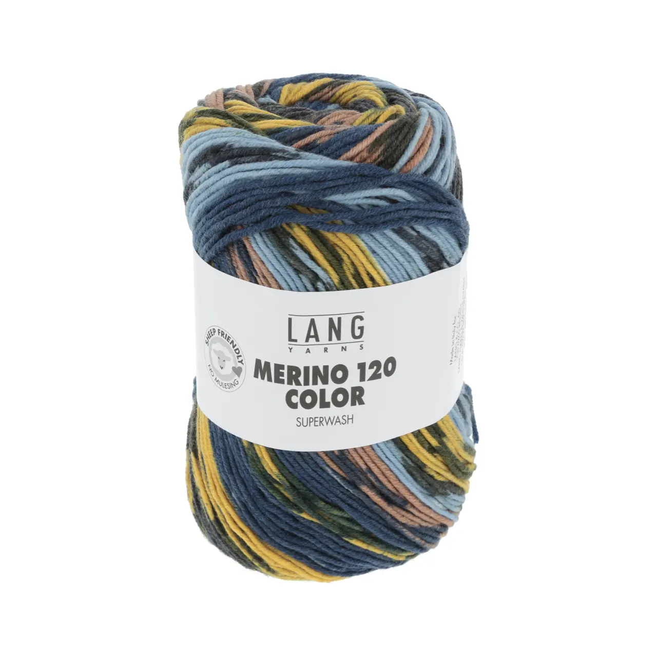 Merino 120 Color 6 Hellblau/Gelb/Braun/Dunkelblau von Lang Yarns. Dieses Merinogarn mit selbstmusterndem Print verleiht Ihren Projekten den Effekt von mehrfarbigen Strickarbeiten ganz ohne komplizierte Techniken. Es ist das gleiche weiche hochwertige Garn wie unser MERINO 120 jedoch so eingefärbt dass es komplexe Muster erzeugt selbst bei einfachem glatt rechts Stricken.Das perfekte Garn für Baby- und Kinderkleidung da es superwash behandelt und somit maschinenwaschbar ist. Auch für Erwachsene und gemütliche Heimtextilien ist MERINO 120 COLOR eine ausgezeichnete Wahl. Dank seiner Weichheit Strapazierfähigkeit und beeindruckenden Musterung ist dieses Garn bei Strickern aller Niveaus ein absoluter Favorit.